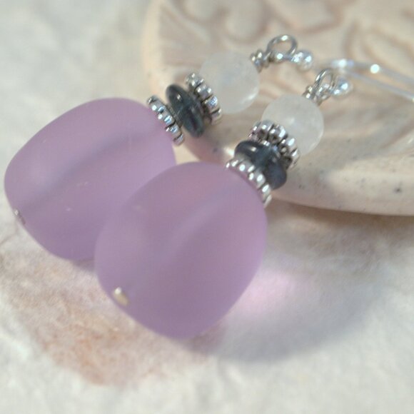 Handmade Purple Sea Glass Beaded Dangle Pierced or Clip-on Earrings - Picture 3 of 5